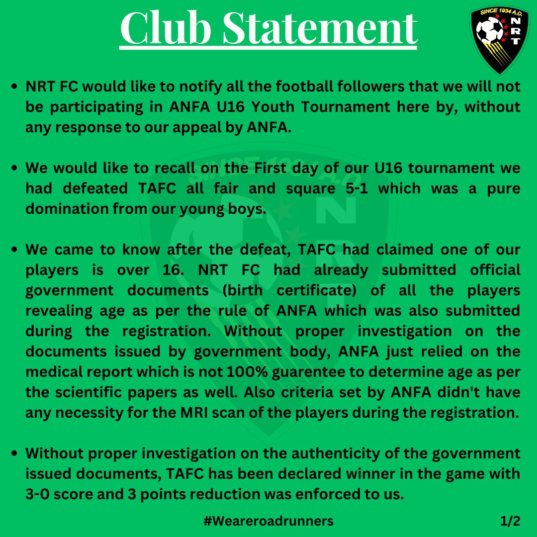 NewRoadTeam's tweet photo. Club Statement

NRT FC would like to notify all the football followers that we will not be participating in ANFA U16 Youth Tournament here by, without any response to our appeal by ANFA.

#nrt #WeAreRoadrunners #clubstatement #ANFA #u16 #nrtfc https://t.co/CyIvjuUPL7