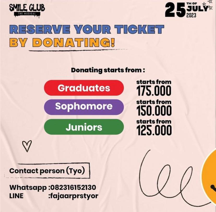 dyouthizen's tweet photo. Saksikan Teater Musikal persembahan dari Nitty Gritty  "SMILE Club: The Musical"
📷Gedung Kesenian Jakarta (GKJ)
📷25 Juli 2023
📷15.30 - 21.30
Dapatkan tiket dengan cara berdonasi sekarang! Donasi tiket dapat kalian lakukan dengan cek link di bio instagram @smileclub.themusical https://t.co/V6NliB6DS8