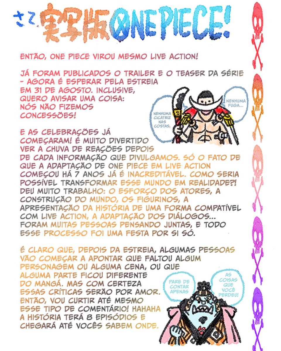 One Piece Produtor diz que gravações da série live-action estão