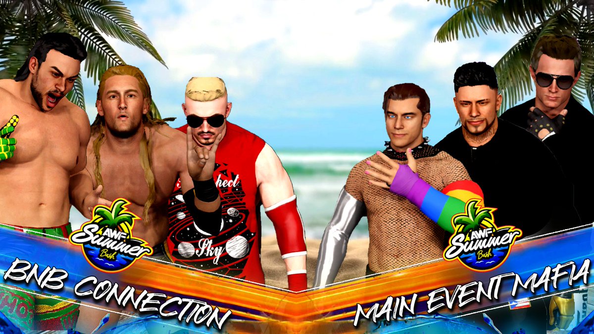 NorthAmericanPW's tweet photo. The #BnBConnection and #MainEventMafia have been at each other's throats for weeks on end. Now the odds are even and it all goes down in a Trios Elimination Match!

#AWFSummerBash🌴Night #2 LIVE MONDAY only at https://t.co/jVimo62lP4 https://t.co/ei4EjLOjZI