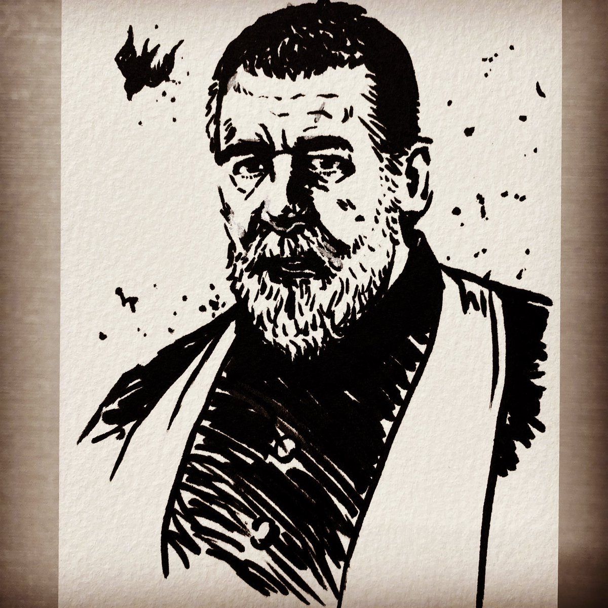 今日のイラスト教室、「ヴァチカンのエクソシスト」をすでに観た方が何人もいました。ハガキサイズの水彩紙に筆ペンで主人公を教室で描いてみました。 #ヴァチカンのエクソシスト  #fanart