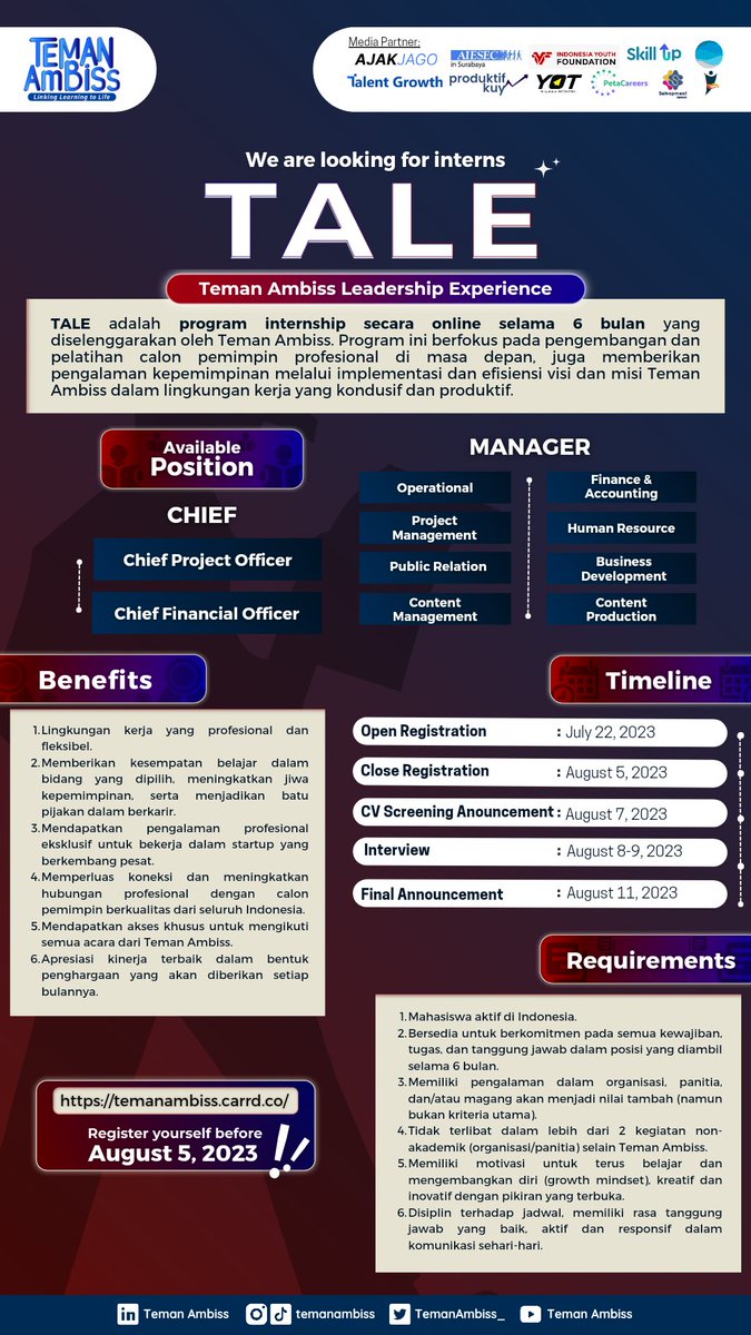 TemanAmbiss_'s tweet photo. Haii Skill Seekers!! 💫💫💫
Ajang pengembangan dan pembelajaran diri yang sudah dinanti akhirnya Hadir Kembali!!!
Kami dengan bangga mengumumkan bahwa Teman Ambiss Leadership Experience (TALE) dan Teman Ambiss Skill Experience (TASE) akhirnya resmi dibuka!!! 🥳🥳🥳 https://t.co/4ffQH9y5Z6
