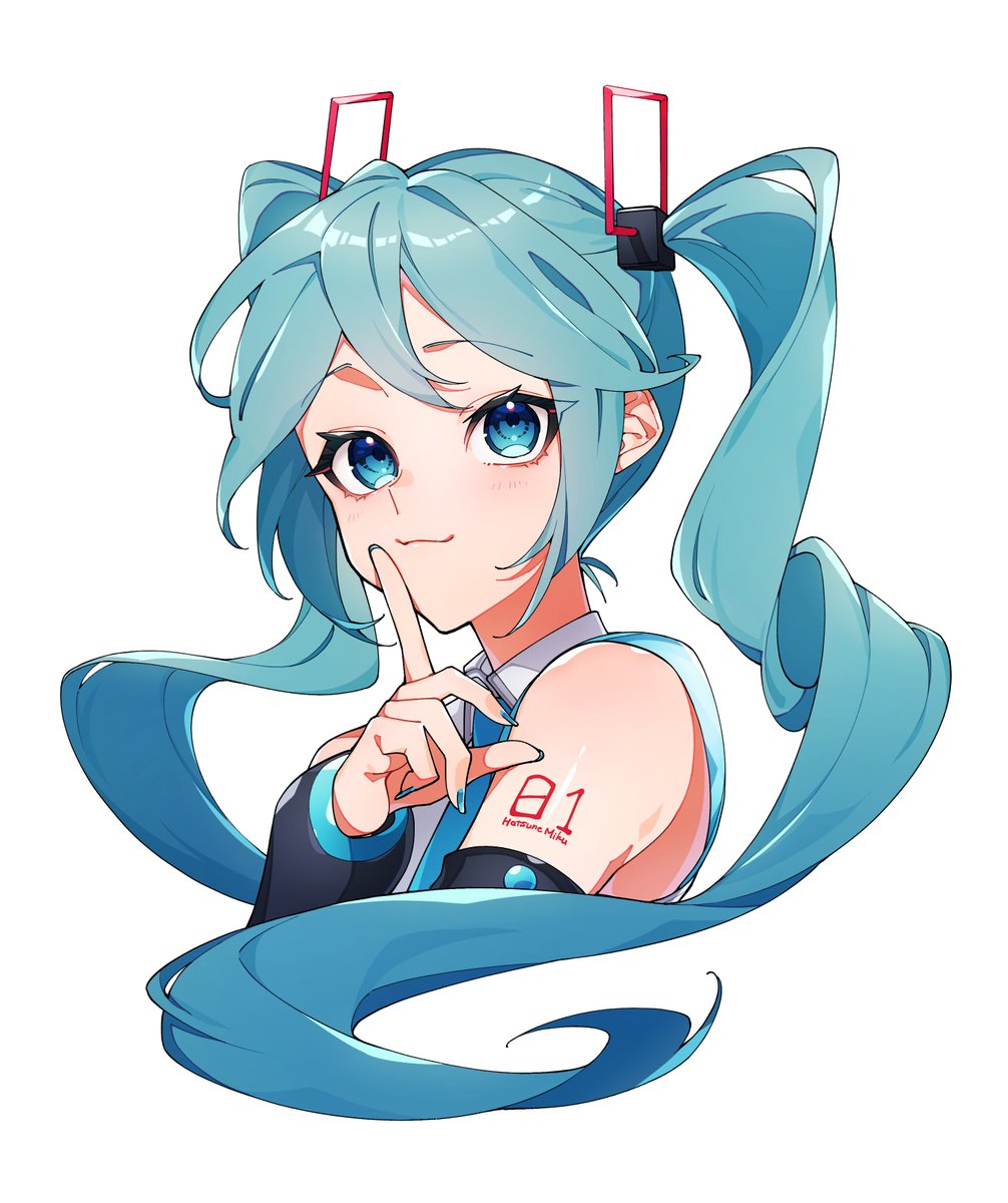 hatsune miku 1girl solo twintails long hair white background simple background detached sleeves  illustration images