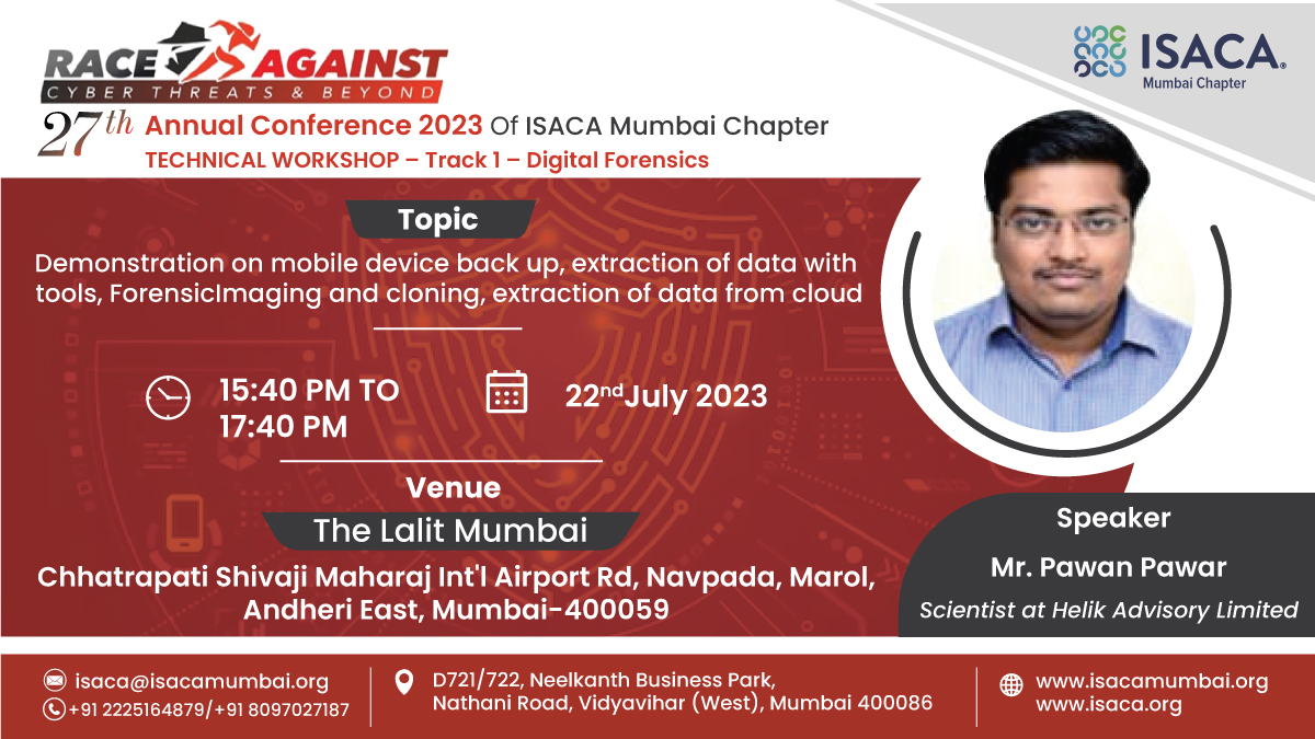 ISACA_Mumbai's tweet image. We are pleased to have Mr. Pawan Pawar- Scientist at Helik Advisory Ltd. as a Speaker for the 27th Annual Conference 2023 at the ISACA Mumbai Chapter. 

#isaca #mumbaichapter #cism #cisa #crisc #cgeit #cdpse #cybersecurity #informationsystems #cybersecurityawareness #technology