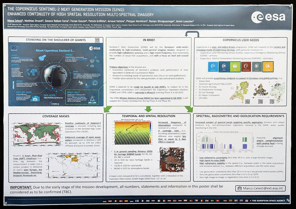 One of the most exciting #IGARSS2023 posters: an early glimpse at @CopernicusEU's Sentinel-2 Next Generation Mission (#S2NG)!

Some possible improvements:
🔍5 m res RGB/NIR bands!
🌈New visible + SWIR bands to align with #LandsatNext
🌊Expanded ocean coverage
📅Mid 2030s launch