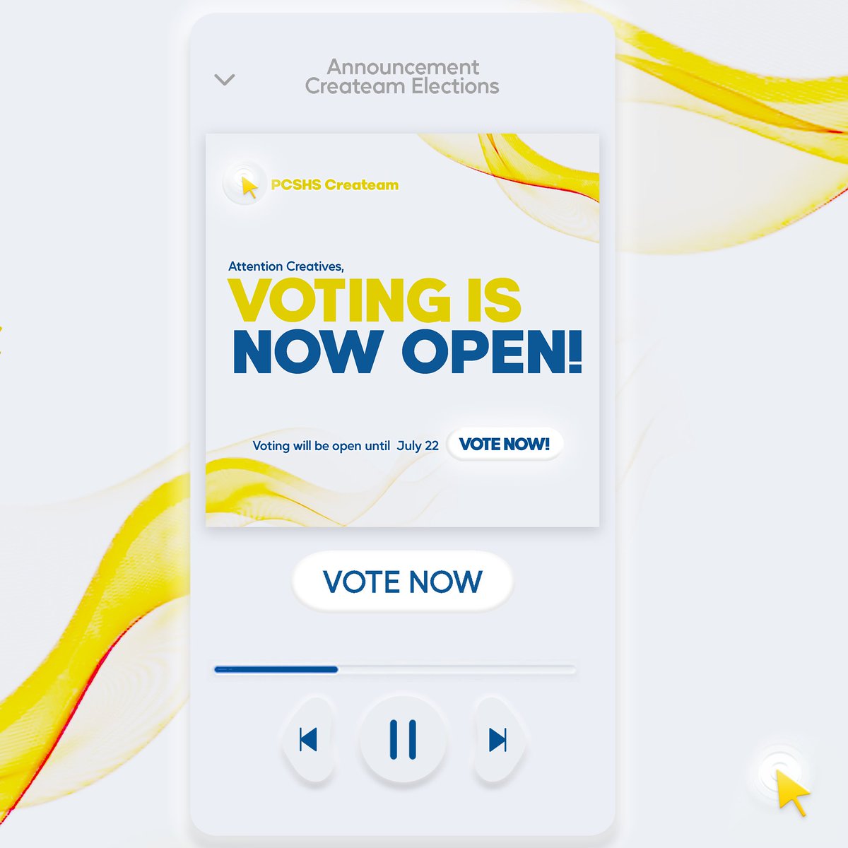 createam_pcshs's tweet photo. The voting is now open! We want every one of our PaScian Creatives to vote for our new sets of leaders for the 2023-2024! The Google Forms link for the election will be sent through Createam's main group chat. 💛

Vote Wisely, creatives! 🖌️

#PCSHSAdvertisingClub
#Createam https://t.co/xXqsIOR0LS