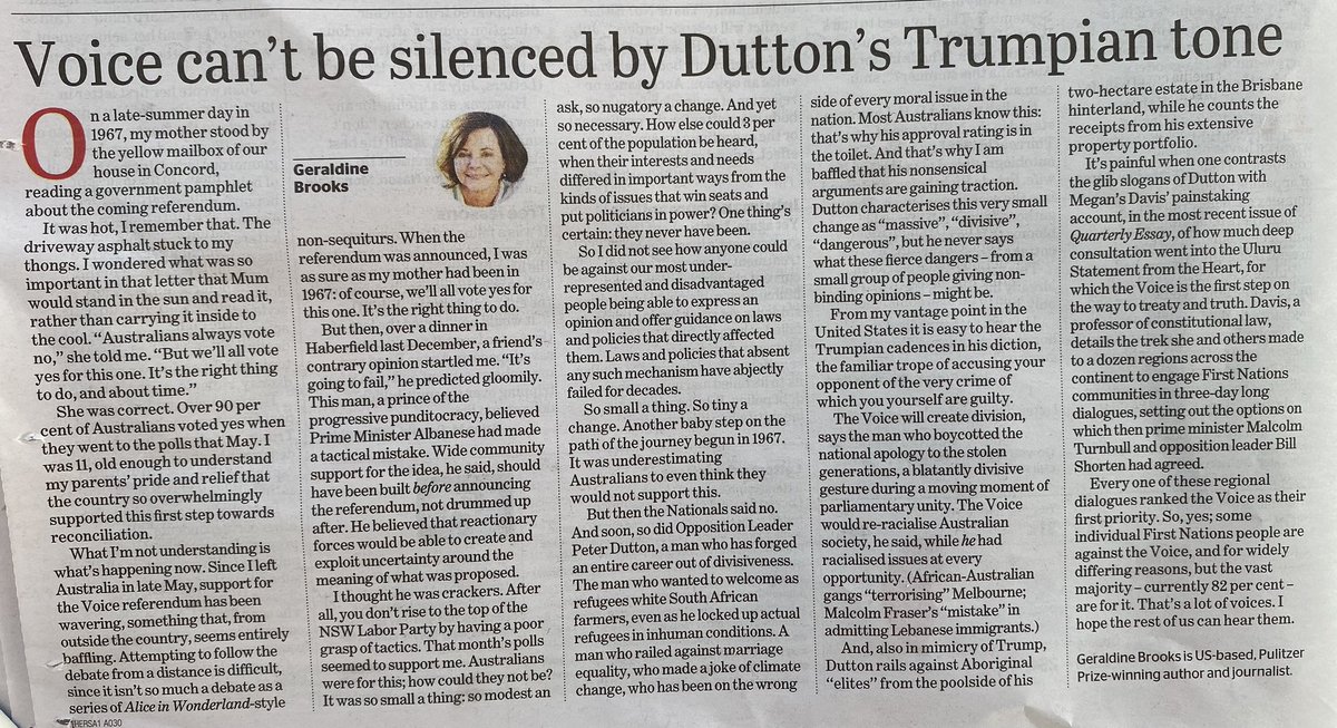 Lee-Anne Walker🎀🌳🎨🎶🌸 (@lee_annewalker) on Twitter photo Please 🙏🏻 take the time to read this brilliantly eloquent piece by <a href="/GeraldineBrooks/">Geraldine Brooks</a>👏🏼 on #TheVoice referendum - a compelling, thorough, lucid, sad précis of the the toxic misinformation from Dutton and his No campaign.
#VoteYes #VoiceToParliament ❤️🖤💛 Please 🙏🏻 take the time to read this brilliantly eloquent piece by <a href="/GeraldineBrooks/">Geraldine Brooks</a>👏🏼 on #TheVoice referendum - a compelling, thorough, lucid, sad précis of the the toxic misinformation from Dutton and his No campaign.
#VoteYes #VoiceToParliament ❤️🖤💛