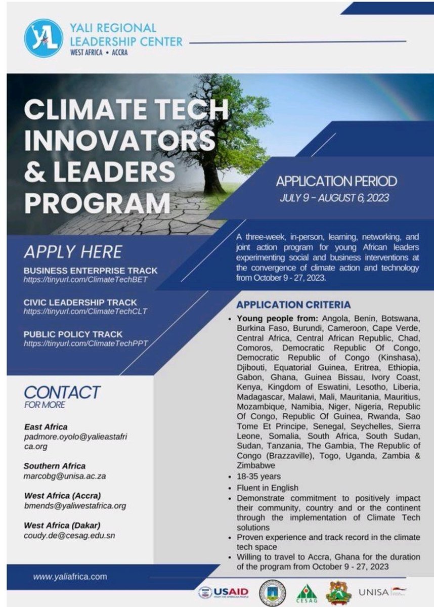 Are you a young, African Climate Tech Innovator, Advocate, or Policy implementer? Apply for the fully-funded #Climate Tech Innovators &amp; Leaders Program by Aug 6:👇👇

#climatejustice #climateaction #publicpolicy #civicengagement #tech #leaders #youth #youthengagement #innovation