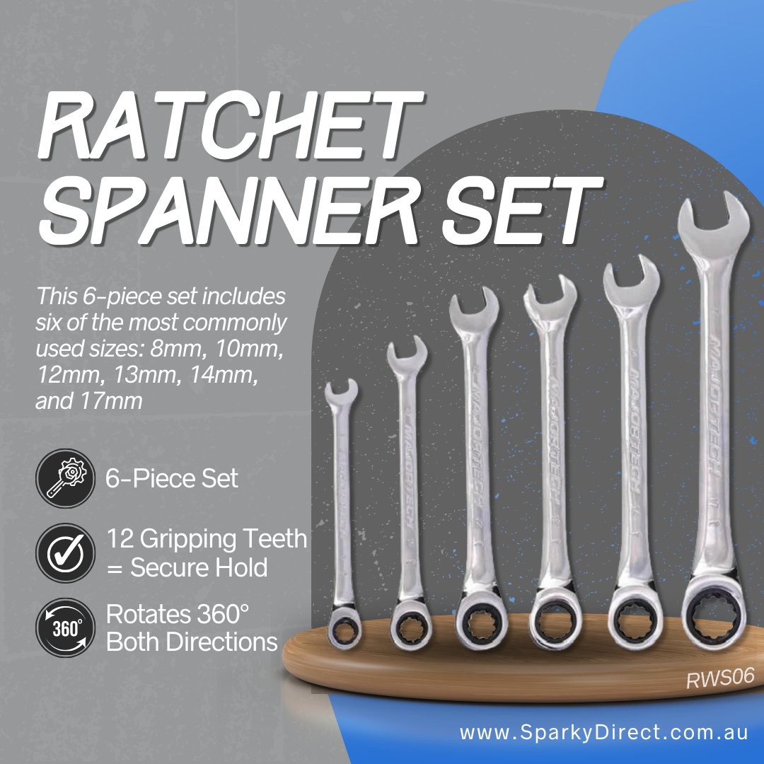 Sparkydirect's tweet image. Introducing the Major Tech RWS06 Ratchet Spanner Set! 
Effortless Ratcheting: The unique ratchet mechanism allows for easy tightening and loosening of nuts and bolts, saving you time and effort.
link.sparkydirect.com.au/ratchet-spanne… 🔩
.
#sparkydirect #majortech #nutsandbolts #spanner #bolt