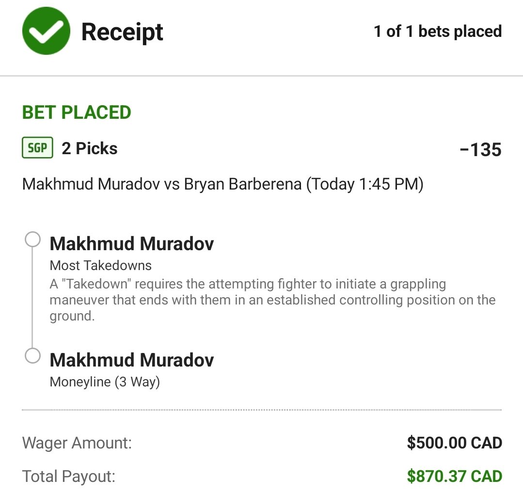 MrElectricute's tweet image. #UFCLondon play:

🥊 Makhmud #Muradov Most TD + win -135 for $500

Easy way to turn a -350 favourite into just -135 by laying an extra takedown against #barberena who has historically bad TDD