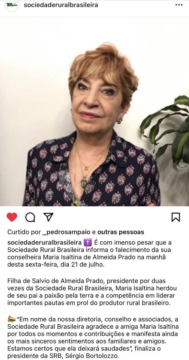LuizCardia's tweet photo. Dia triste para nossa família: faleceu hoje a querida @m_isaltina Maria Isaltina de Almeida Prado, prima da minha mãe, considerada irmã para mamãe e minhas tias. Maria Isaltina era Conselheira da @ruralbrasileira , mais representativa entidade de defesa do produtor rural e Agro! https://t.co/O6KhVWAGYj