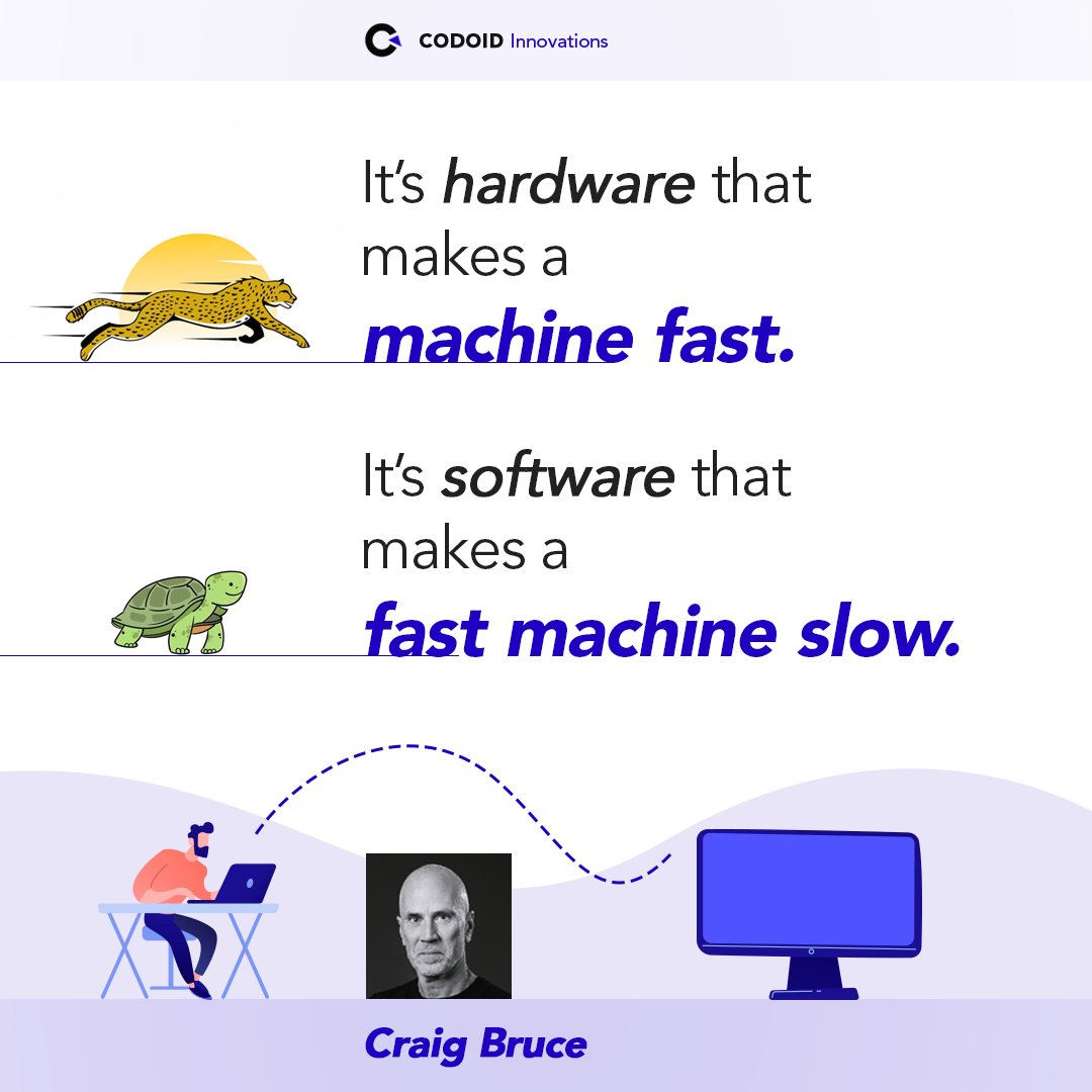codoid's tweet photo. “It’s hardware that makes a machine fast. It’s software that makes a fast machine slow.” 

- Craig Bruce

#qaquotes #qacompany #softwaretestingquotes #software #hardware #softwaretesting #craigbruce https://t.co/CuKcDKHXrL