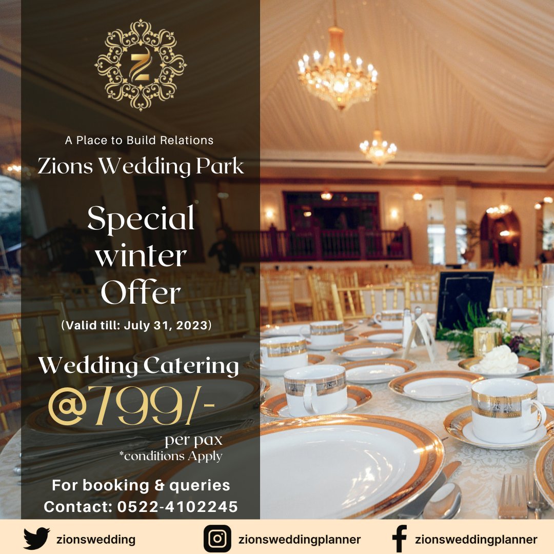 Special Winter Offer: Wedding Catering starting at just ₹799/- per plate! 😍🍽️
(Valid till: July 31, 2023)
📞 For bookings & queries, reach out to us at 0522-4102245. 📲💬

#WinterWeddings #CateringOffer #LoveInSeason #WeddingSpecial #BuildingRelations #zionsweddingplanner