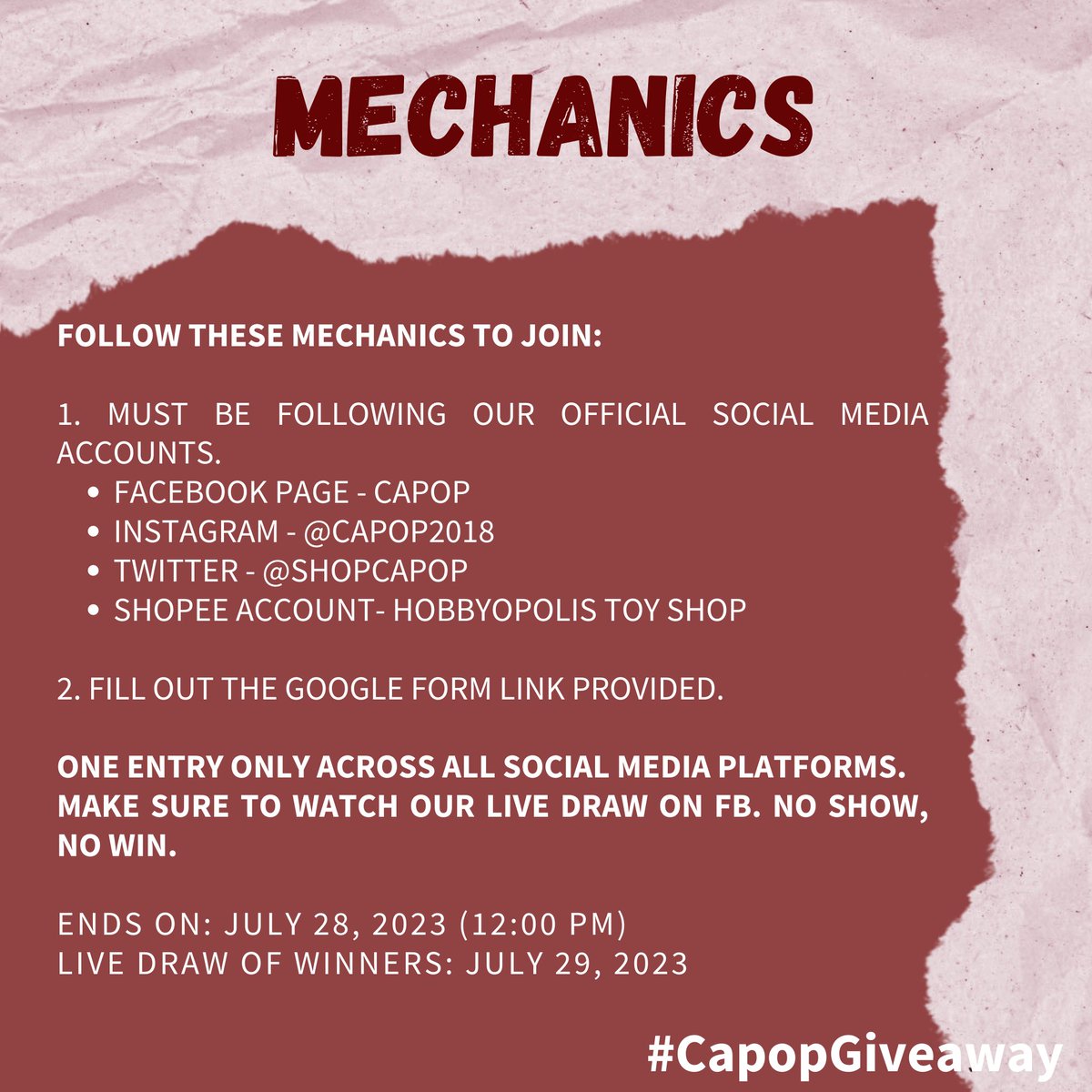 ShopCapop's tweet photo. 📢iKONICS!

Are you ready to Take Off to Manila with iKON? We are giving away 2 Upper Box A Tickets for the concert!❤

Just fill out this form to join:
https://t.co/o6Pslp8jwR

One entry ONLY across all social media platforms.
Make sure to watch our live draw on FB/IG. No show, no win.

We will only be allowing one entry per email so make sure to check if all the informations provided, together with the link and pictures submitted followed the mechanics. We will be checking your responses so STRICTLY follow the mechanics properly. If you did not follow the mechanics correctly, your entry will automatically be invalid.

P.S. The account where you joined in must be PUBLIC so we can verify and see your shared posts and quote tweets through the link submitted.

Ends on July 28, 2023 12 PM
Live draw of winners on July 29, 2023 (time is TBA)

Hwaiting, iKONICS!! ❤

#CapopGiveaway #capop #iKONinMANILA2023