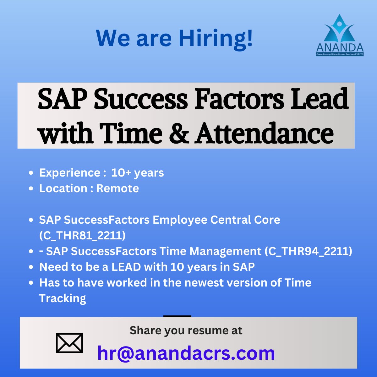 We are Hiring!

#SuccessFactorsandTimeAttendance #timemanagement #timetracking #remote #remotejobs #remotework #hiring #experience #sapsuccessfactors #itjobs #software #softwarejobs #freelance #contacthiring #hyderabadjobs #bengalurujobs #chennaijobs #punejobs