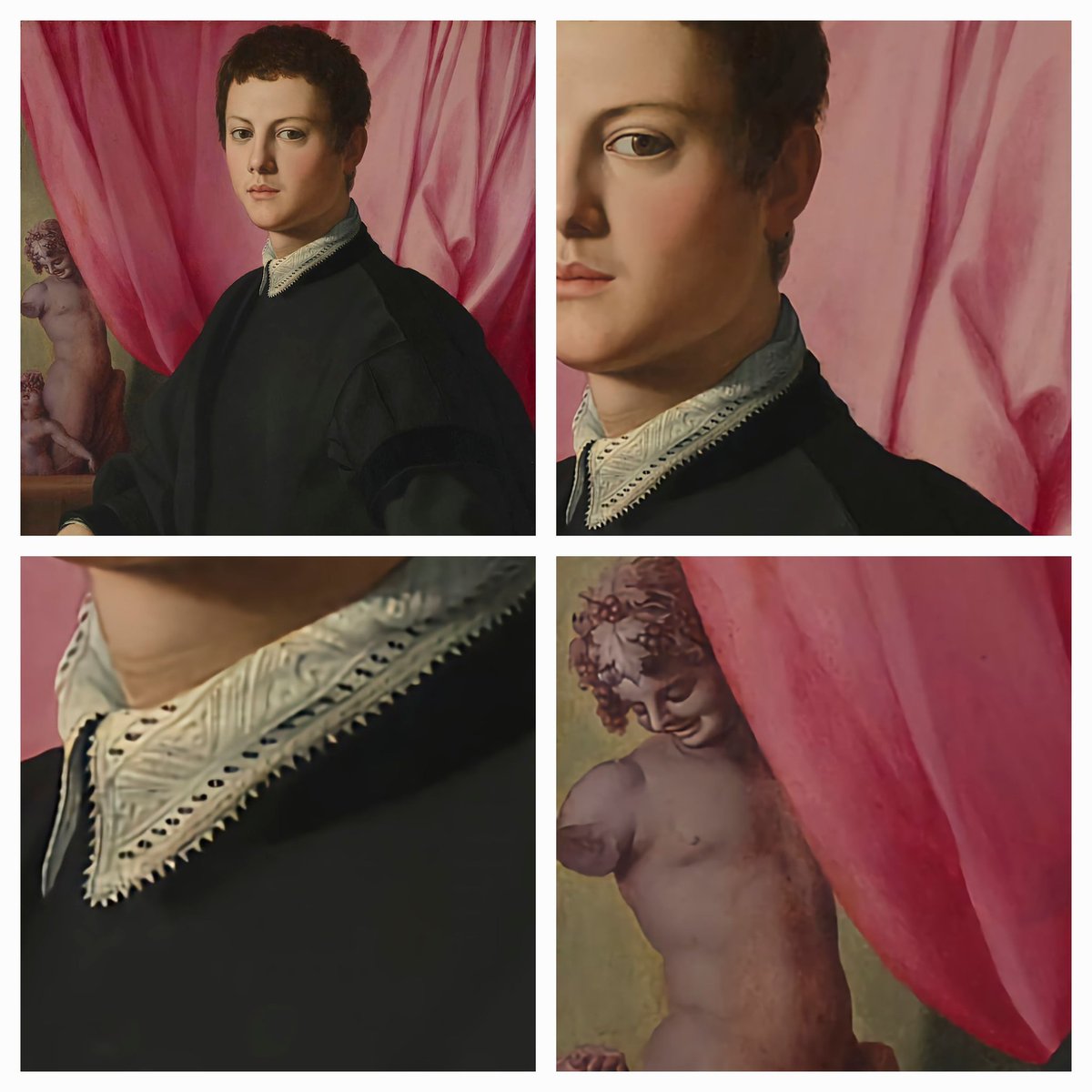 PetrelliFlavia's tweet photo. Abile ritrattista,#GiovanBattistaMoroni dipinge qui un giovane di bell'aspetto(coll. privata)vestito di nero su uno sfondo in contrasto:un #tendaggio in seta color rosa che dà luce al personaggio in primo piano.A sinistra,dietro,un elemento 'classico',particolarmente caro al / https://t.co/uv4lvYV8C4