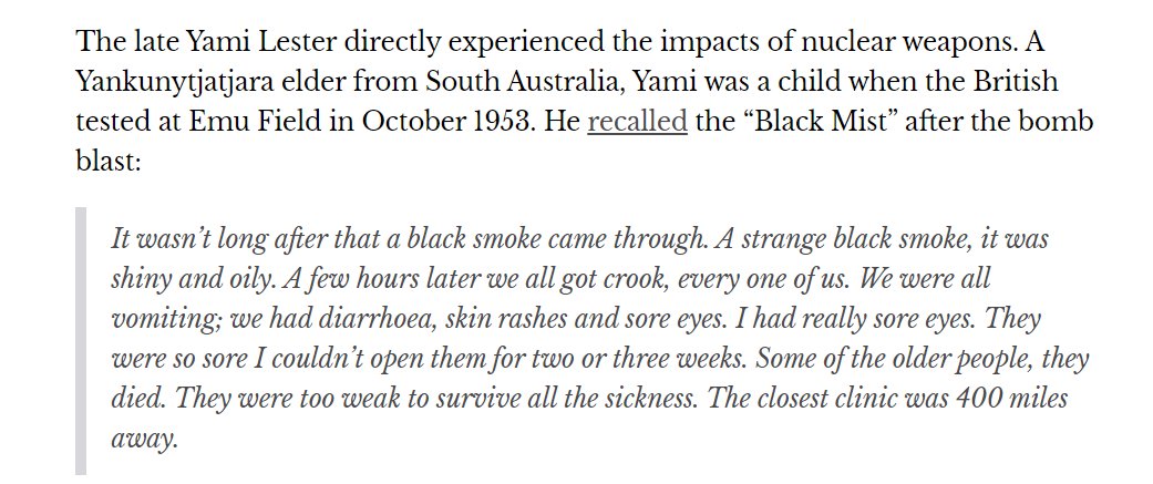 StrewthQueen's tweet photo. Speaking of Oppenheimer, did you know between 1952-1957 UK detonated 179.2 kilotons of nuclear bombs on Aṉangu land (so-called "Australia")?

Aṉangu people were given no warning &amp; are still suffering the ill effects today, like radiation poisoning &amp; poor access to food &amp; water https://t.co/aK8ftJ1dSm