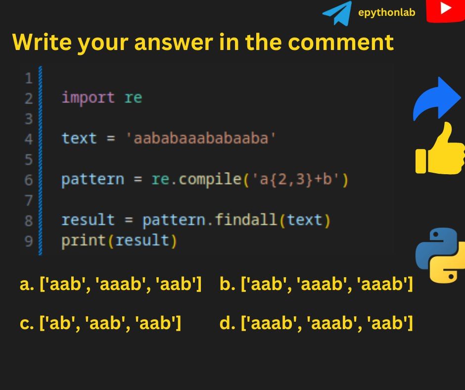 epythonlab1's tweet image. 🐍Python Challenge: What is the output of the following code?
➕ Learn more coding challenges
lnkd.in/ex8QSfZi
✅ Join Telegram: t.me/epythonlab/
#epythonlab #python #pythontricks #pythonchallenge #100DaysOfCode