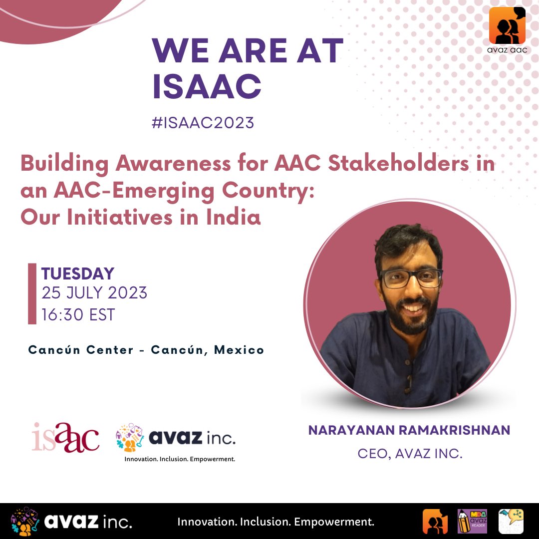 avazapp's tweet image. Exciting news! 🌟 We&apos;ll be presenting at #ISAAC2023 in Cancún! 🎉 

Come join us for the presentation and meet our CEO, Narayanan Ramakrishnan. @naduisms 

Can&apos;t wait to see you there! 👋

#avazaac #avazapp #conference #assistivetechnology #SLP #speechlanguagepathologist #AAC