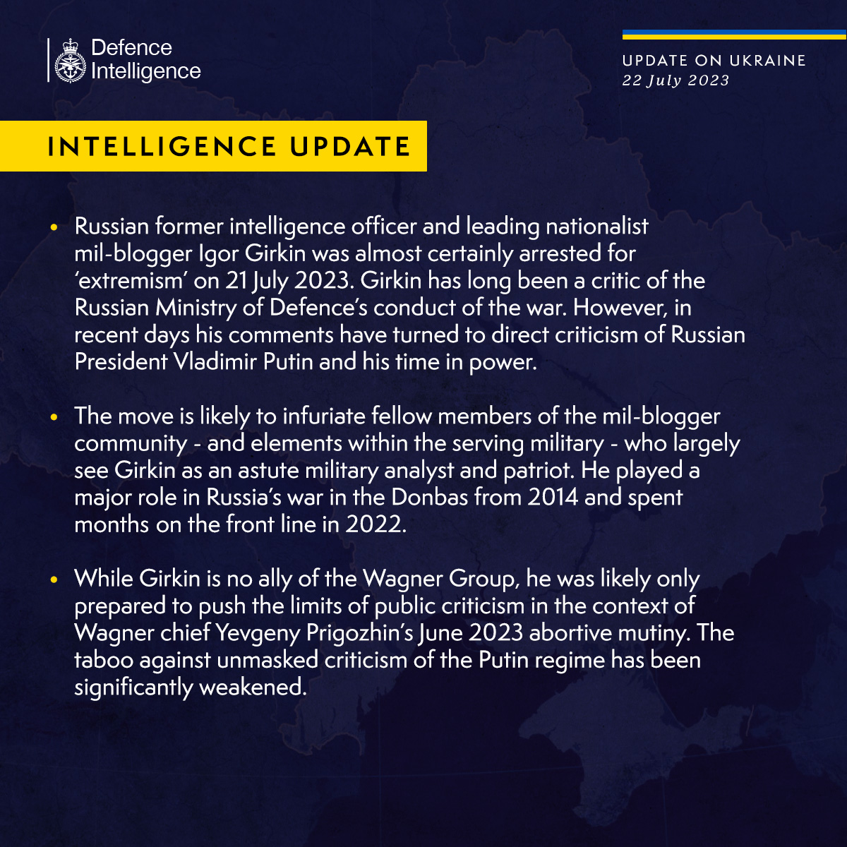 Latest Defence Intelligence update on the situation in Ukraine - 22 July 2023. Please see thread below for full image text. 