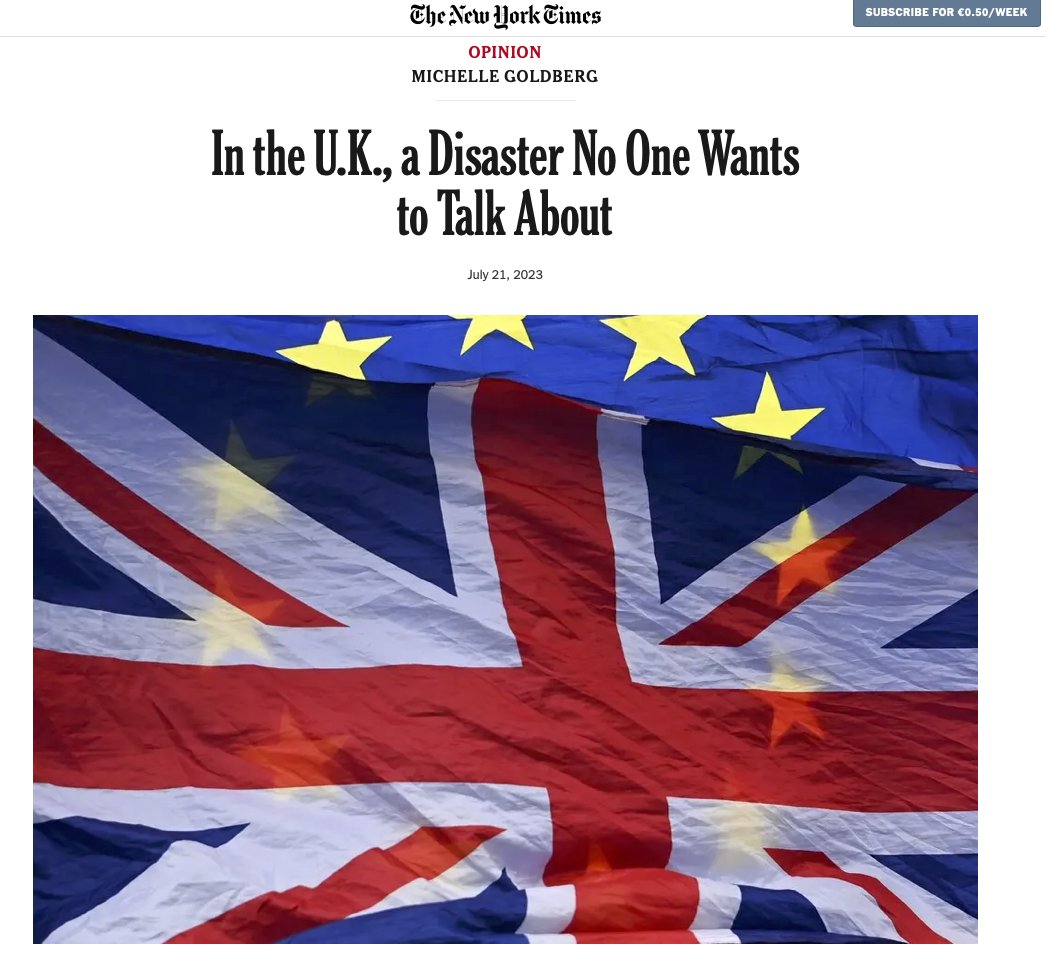 NY Times👇 (and rest of the world) 
"This mess was, of course, both predictable and predicted. That’s why I’ve been struck by the curious political taboo against discussing how badly Brexit has gone"

Most UK media and politicians :
"Oh no no no - No Brexit please, we're British"