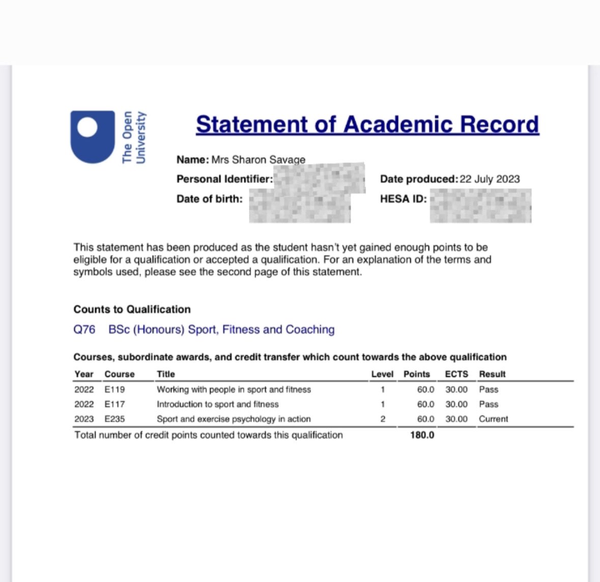 🎓I've just gone and passed the first year of a Bachelors Degree in Sport, Fitness & Coaching having left School 25 years ago, whilst working full time and around my three children! THANKS.. @OU_Sport! Mind blown 🤯 & delighted❤️🙌🏻🤓! #openuni #personaldevelopment #maturestudent