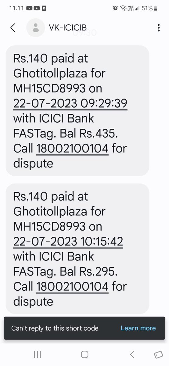 aadhar1011's tweet photo. @NHAI_Official @nitin_gadkari @ICICIBank 

Wanting to understand, why should my car be charged double toll in matter of 45 mins? Isn’t this against the policy? 

Bank people asked to contact NHAI on 1033, but no help from NHAI. https://t.co/X4yhMpSQZ8