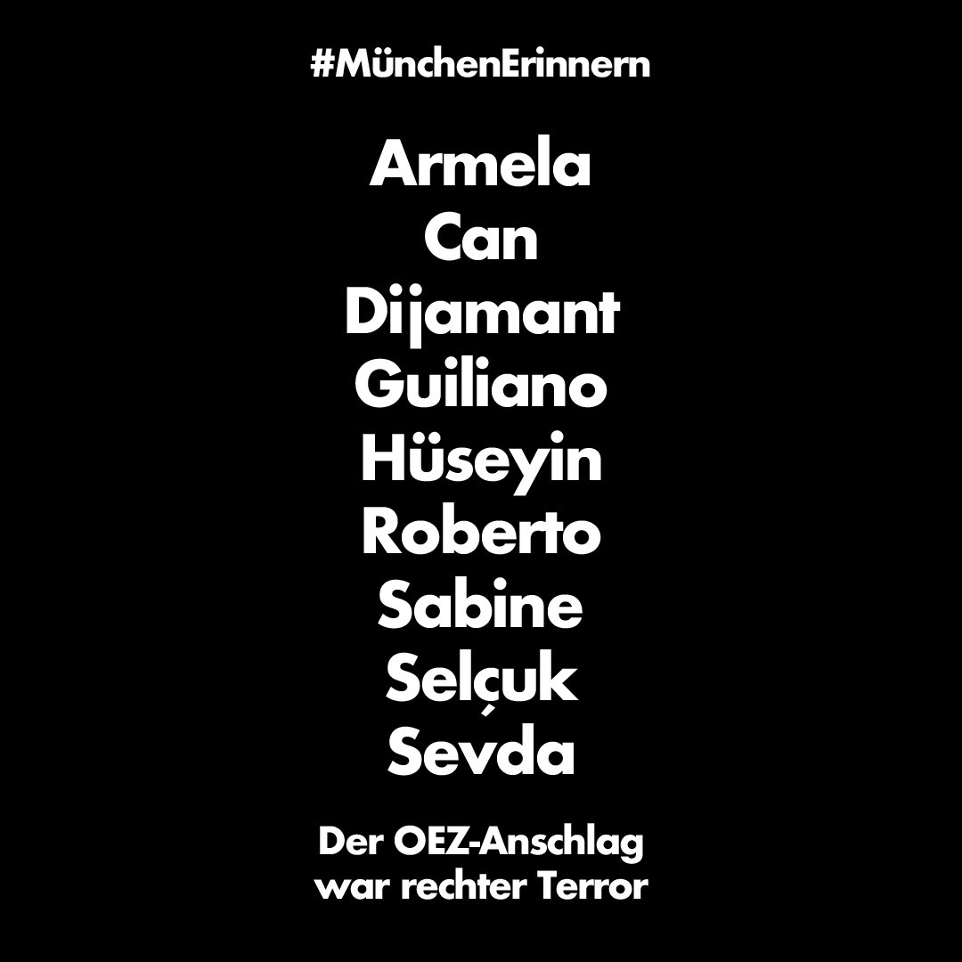 Heute vor sieben Jahren, am 22. Juli 2016, wurden in #München Armela, Can, Dijamant, Guiliano, Hüseyin, Roberto, Sabine, Selçuk und Sevda bei einem rassistischen Attentat ermordet. aida-archiv.de/chronologie/22… #KeinVergessen #RechteGewalt