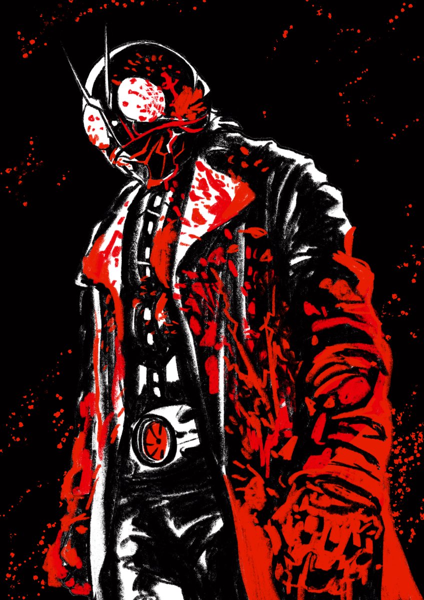 1boy male focus solo black background red theme belt tokusatsu  illustration images