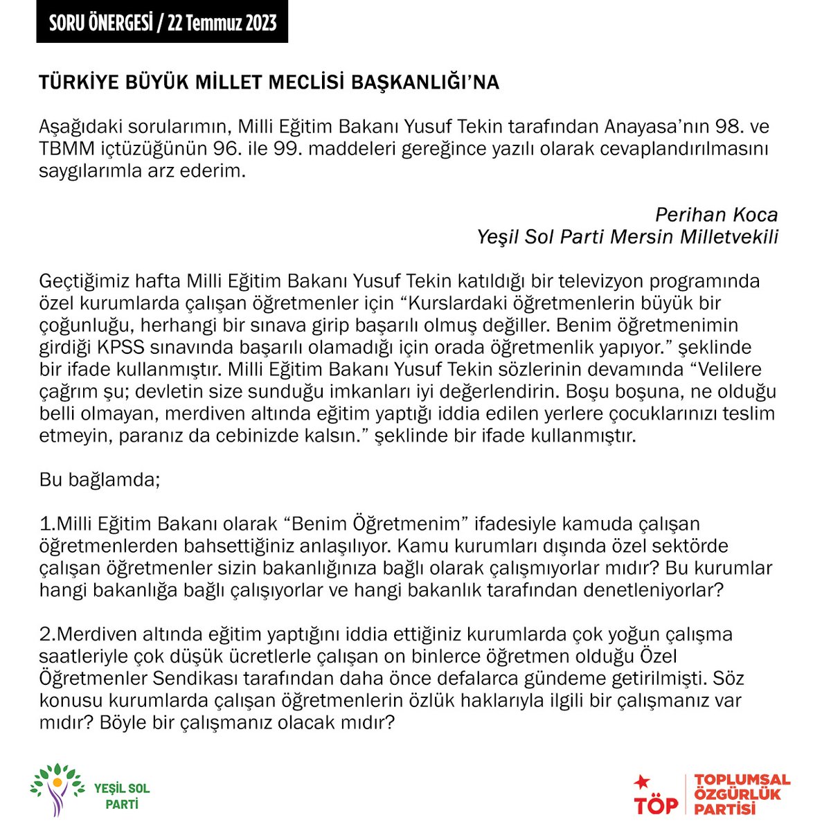 📌Milli Eğitim Bakanı Yusuf Tekin'e sorduk:

Geçtiğimiz hafta #MilliEğitimBakanı #YusufTekin katıldığı bir televizyon programında özel kurumlarda çalışan öğretmenler için “Kurslardaki öğretmenlerin büyük bir çoğunluğu, herhangi bir sınava girip başarılı olmuş değiller. Benim…