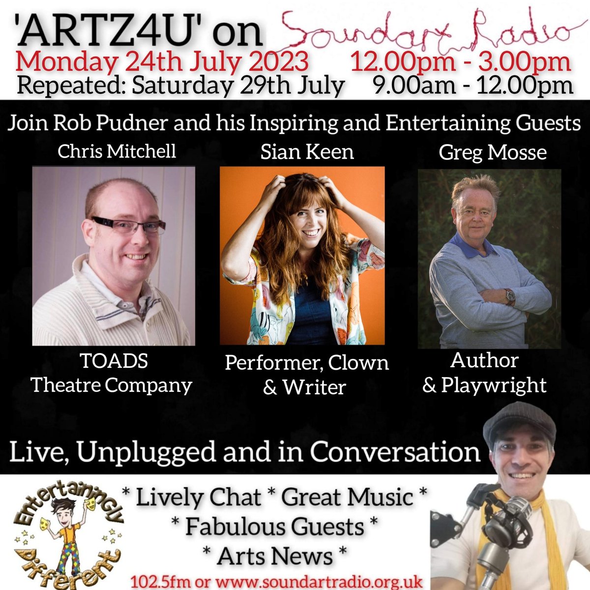Rob Pudner (@entertaininglyd) on Twitter photo 📻 Next week sees the last ARTZ4U of the season <a href="/SoundartRadio/">Soundart Radio</a> - joining Rob will be Chris Mitchell talking TOADS Theatre Company, <a href="/siankeen/">Siân Keen</a> on touring with @mcjackdean & Novelist <a href="/GregMosse/">Greg Mosse</a> with news of his latest offering & all that's come before. Click: icecast.commedia.org.uk:8000/soundart.mp3 📻 Next week sees the last ARTZ4U of the season <a href="/SoundartRadio/">Soundart Radio</a> - joining Rob will be Chris Mitchell talking TOADS Theatre Company, <a href="/siankeen/">Siân Keen</a> on touring with @mcjackdean & Novelist <a href="/GregMosse/">Greg Mosse</a> with news of his latest offering & all that's come before. Click: icecast.commedia.org.uk:8000/soundart.mp3