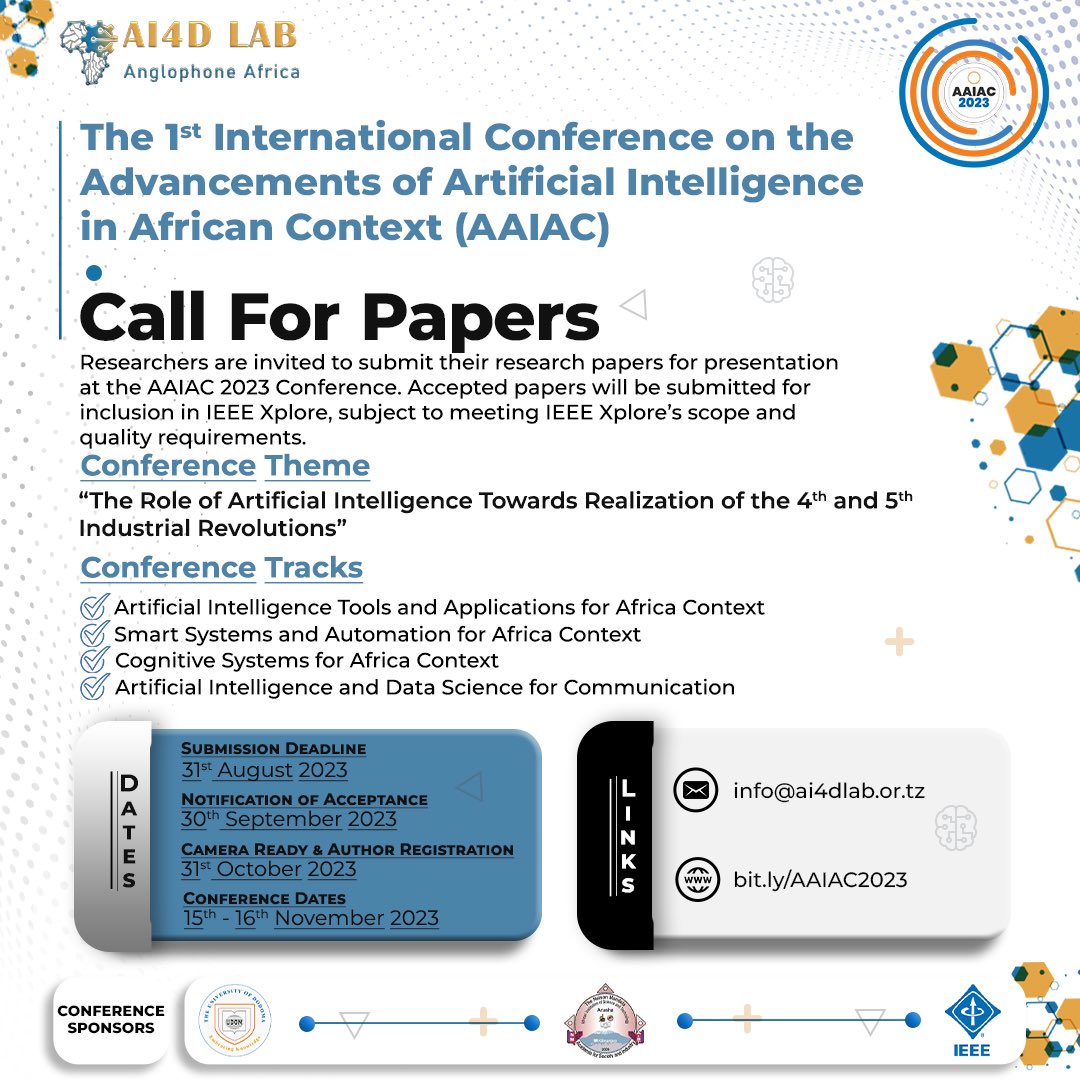 📢 #CallforPapers

ai4dlab.or.tz/pages/aaiac/in… via @ai4dlab_Tz

#ArtificialIntelligence 
#MachineLearning
#DataCommunication 
#SmartSystems
#SmartCities 
#Industry40 
#ganai 
#deeplearning 
#IoT 
#IIoT 
#IOTA 

@BlackInRobotics 
@BlkInEngineerng 
@blackinxnetwork 
@black_in_ai