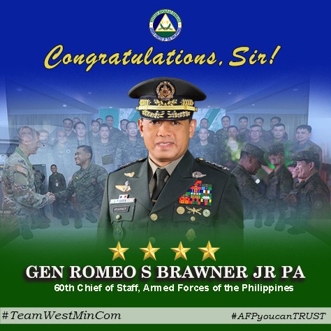 CPIO_WestMinCom's tweet photo. Congratulations, Sir!
GEN ROMEO S BRAWNER JR PA
60th Chief of Staff , Armed Forces of the Philippines
#SupportOurTroops
#SundaloSalamatsaSerbisyo
#AFPyoucanTRUST
#TeamAFP
#TeamWestMinCom
#WholeOfNationApproach https://t.co/DepE4rvPFm