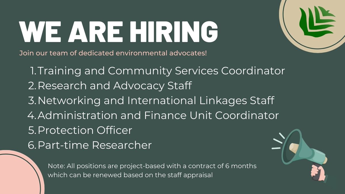 📢 We are hiring! Open positions: 1. Training and Community Services Coordinator 2. Research and Advocacy Staff 3. Networking and International Linkages Staff 4. Administration and Finance Unit Coordinator 5. Protection Officer 6. Part-time Researcher See post for details.