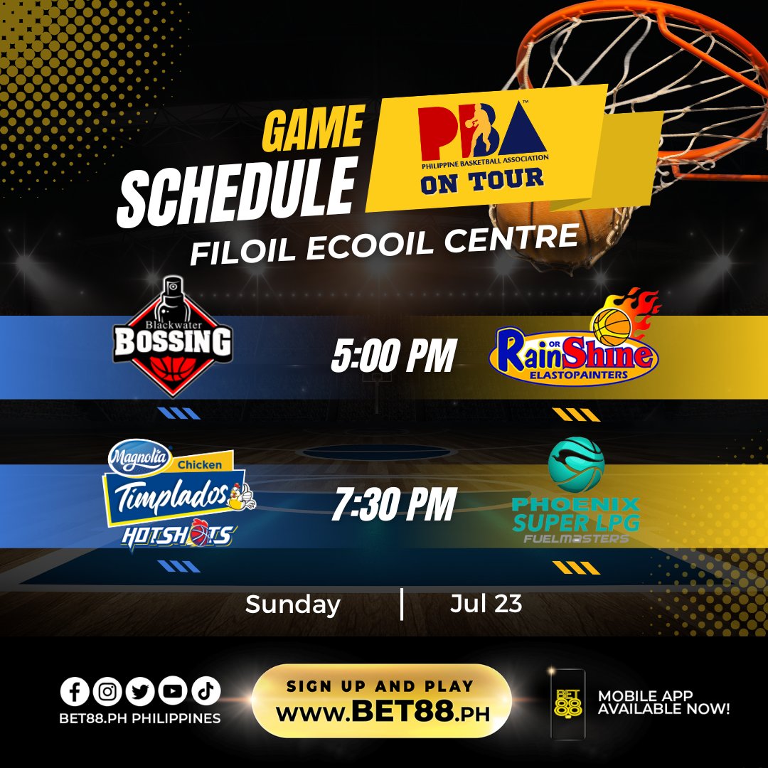 Get ready to start the week right with a bang! The PBA on Tour returns this Sunday as four teams are set to take on the big stage! 

#Bet88ph #Bet88 #IvangSwerteTo #Bet88Sports #Basketball #PBAonTour #Blackwater #RainOrShine #Magnolia #Phoenix