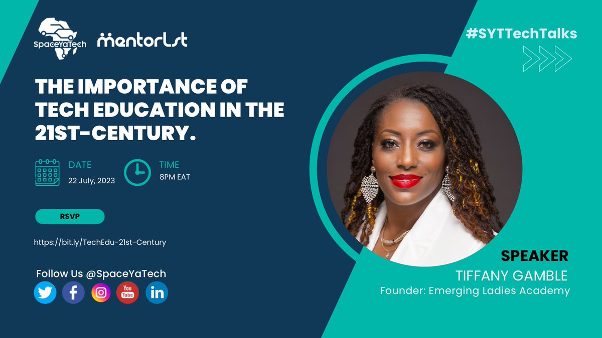 SpaceYaTechTZ's tweet image. Join us at #SYTTechTalks  tonight session on “The importance of tech education in the 21st-century.” 
📚 Our speaker is a trailblazing leader and the founder: Emerging Ladies Academy! 
💼 Don’t miss this chance to learn and grow. 
RSVP here: bit.ly/TechEdu-21st-C… #WomenInTech