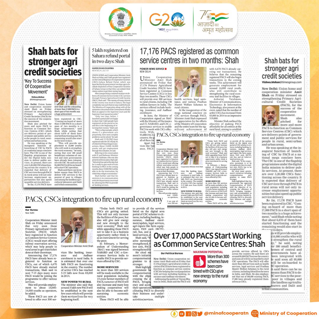 MinOfCooperatn's tweet image. More than 17,000 PACS have been registered as Common Service Centers in a very short duration.

Shri @AmitShah
(Hon&apos;ble Union Home &amp;amp; Cooperation Minister)

#PACSasCSCs

@AmitShahOffice
@HMOIndia
@CSCegov_
@blvermaup
@AshwiniVaishnaw
@RailMinIndia
@GoI_MeitY
@PIB_India
@pib_comm