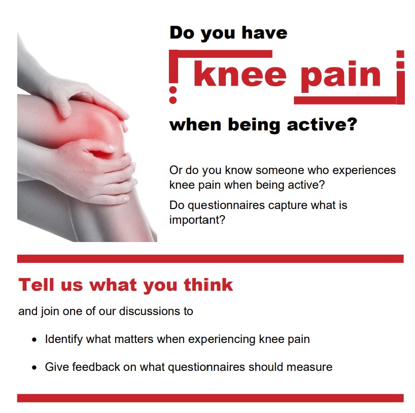 Do you experience knee pain? We want to improve what questions are asked to assess knee pain in healthcare. We would like to hear from you and find out about your views and experiences. Contact @bausch_nicole on email to find out more. Nicole.bausch@coventry.ac.uk