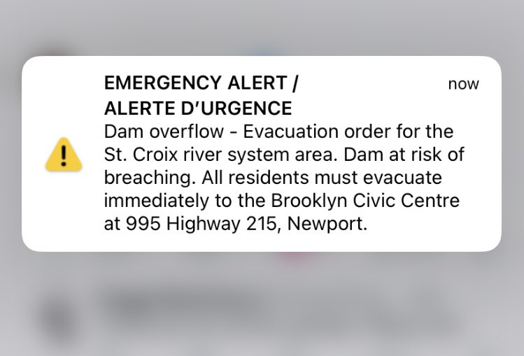 Heads up to those in #StCroix River system- dam is at risk of breaching. EVACUATION ORDER. #HantsCounty
