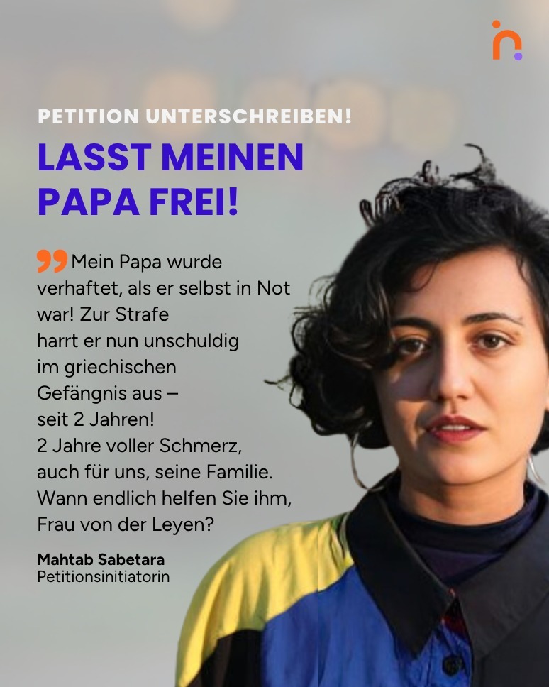 Mein Vater ist kein Krimineller, seit 2 Jahren sitzt er unschuldig in Griechenland im Gefängnis. Mit der Petition fordern wir seine Freilassung. <a href="/vonderleyen/">Ursula von der Leyen</a> <a href="/ToumasaE/">Ekateríni Sakellaropoúlou</a>

Unterzeichne jetzt! innn.it/freehomayoun

#freehomayoun #nodrivernosurvivor