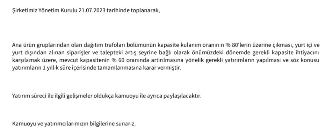 ⭐#ASTOR Mevcut kapasitenin %60 oranında artırılmasına yönelik gerekli yatırımların yapılması ve söz konusu yatırımların 1 yıllık süre içerisinde tamamlanmasına karar vermiştir. #bist100 #borsa