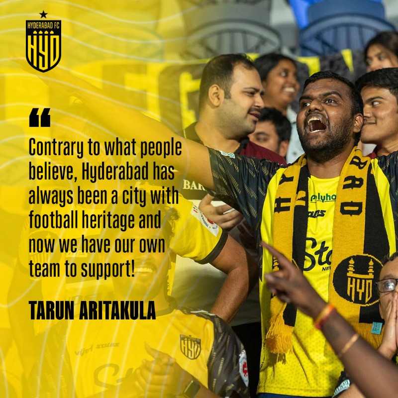 HydFCOfficial's tweet photo. ⚽ Football has always been a part of our city's fabric!

Hear from a die-hard Legion, @tarun_aritakula about his journey with HFC and what it means to the fans and the city of Hyderabad 💛🖤

#TalesFromTheMaidaan #WeAreHFC #మనహైదరాబాద్ #HyderabadFC @DeccanLegion