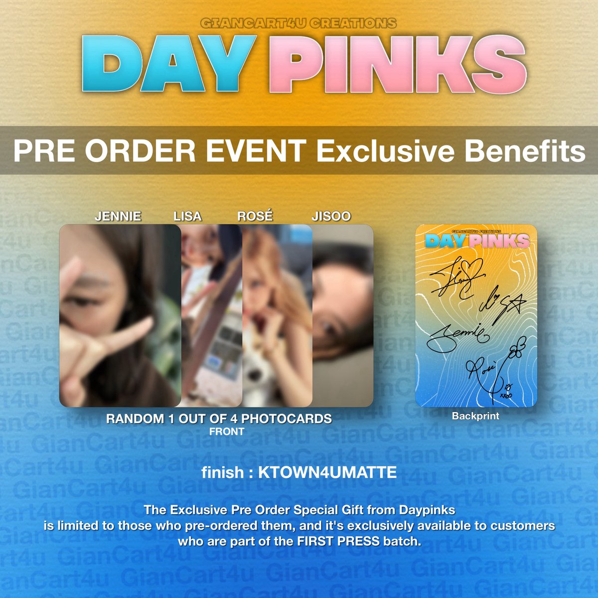 giancart4u's tweet photo. DAYPINKS ☀️⛅️🌀 | Fanmade by @giancart4u

- wts/lfb blackpink 
PREMADE FANMADE PHOTOCARDS
NEW DAYPINKS ☀️Photocards Set now OPEN!

Last Batch of 300GSM photocards!!!
Available only in Glossy Finish.

₱119 each set! All in w POB 📣
To claim reply or dm
( mine daypinks + quantity )

LIMITED STOCKS ONLY (UNDER 15 STOCKS)

mod : jnt sco sdd lalamove
mop : gcash payo or dop 2 days

ALL ORDERS WILL RECEIVE PRE ORDER EVENT 
BENEFIT and EXCLUSIVE SHOP FREEBIES.

For inquiries kindly dm me.

#giancreates4u
