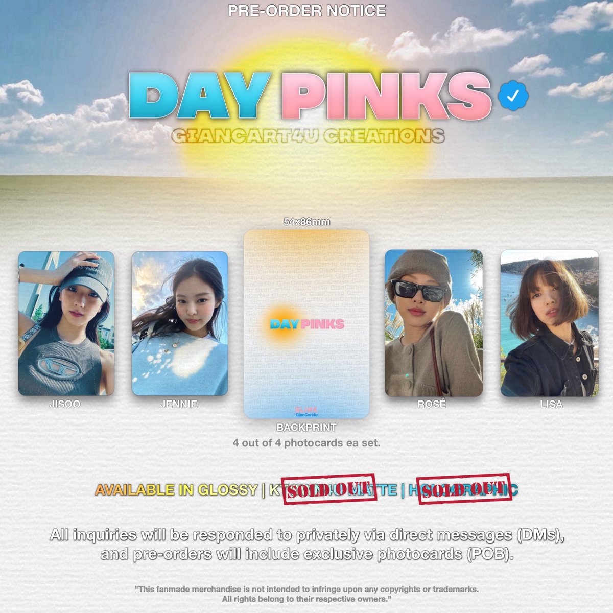 giancart4u's tweet photo. DAYPINKS ☀️⛅️🌀 | Fanmade by @giancart4u

- wts/lfb blackpink 
PREMADE FANMADE PHOTOCARDS
NEW DAYPINKS ☀️Photocards Set now OPEN!

Last Batch of 300GSM photocards!!!
Available only in Glossy Finish.

₱119 each set! All in w POB 📣
To claim reply or dm
( mine daypinks + quantity )

LIMITED STOCKS ONLY (UNDER 15 STOCKS)

mod : jnt sco sdd lalamove
mop : gcash payo or dop 2 days

ALL ORDERS WILL RECEIVE PRE ORDER EVENT 
BENEFIT and EXCLUSIVE SHOP FREEBIES.

For inquiries kindly dm me.

#giancreates4u