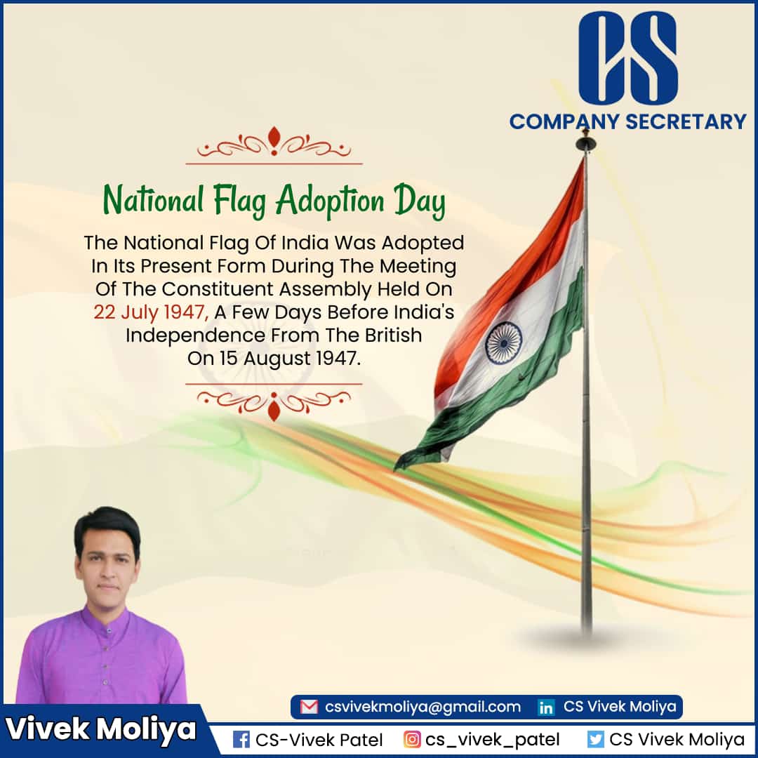 CsMoliya's tweet photo. Indian Flag Foundation Day

The National Flag of India was adopted in its present form during the meeting of Constituent Assembly held on the 22 July 1947, a few days before India's independence from the British on 15 August, 1947.

#nationalflag #flagrespect #nationalflagday https://t.co/WLFpEQCUZh