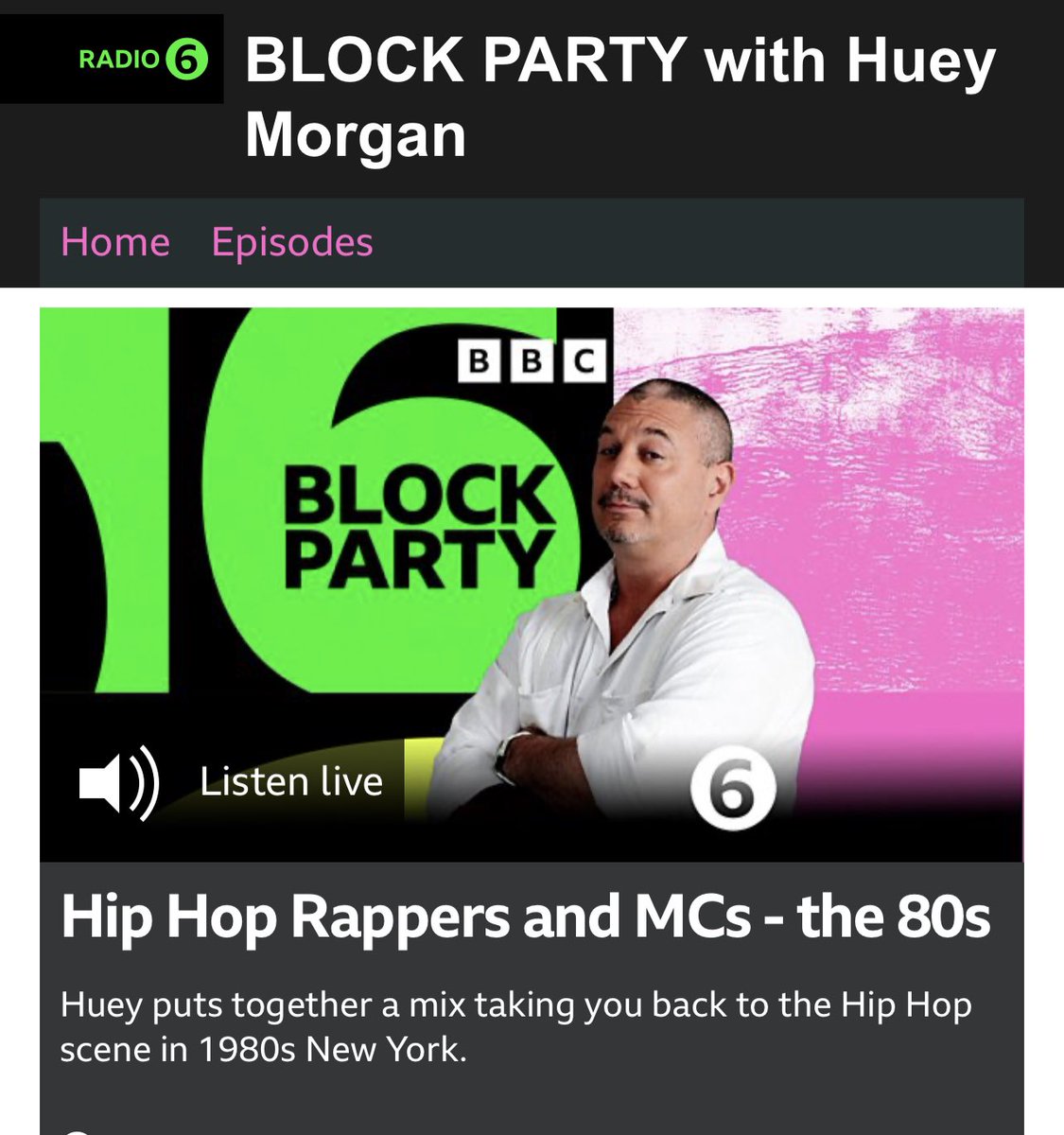 If you love your 80s Electro with a Hop Hop tinge then it’s on now <a href="/hueymorgan/">hueymorgan</a> @bbc6music taking me back. 
Get some Trouble Funk on Huey!!

#blockparty
#80selectro