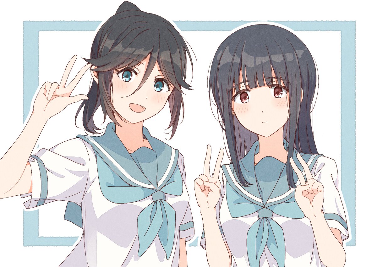 kasaki nozomi ,yoroizuka mizore multiple girls 2girls school uniform kitauji high school uniform blue sailor collar sailor collar v  illustration images