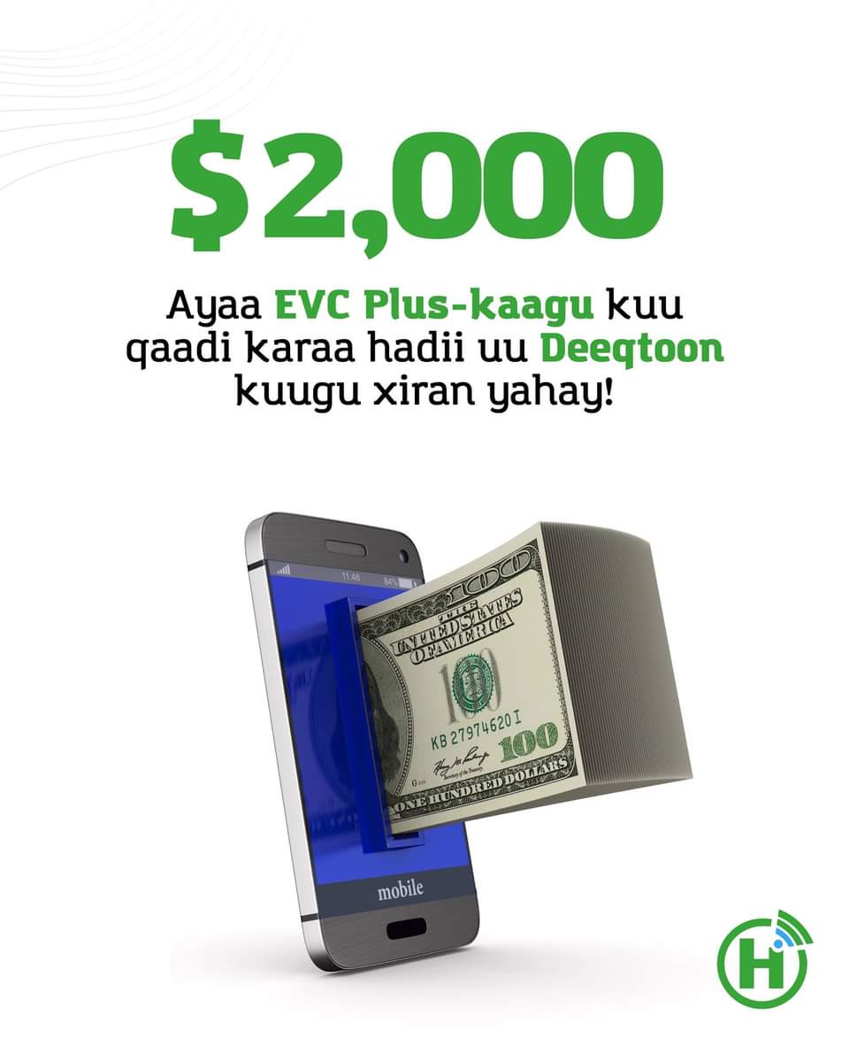 FiveSomalitv's tweet photo. @Hormuud has announced to its #Deeqtoon service customers that they have expanded the amount of money they put in their EVC Plus service. Customers who have subscribed to @salaamsombank's Deeqtoon Service, their #EVCPlus can carry up to $2,000 instead of the initial $300. https://t.co/lcRZMCKDuV