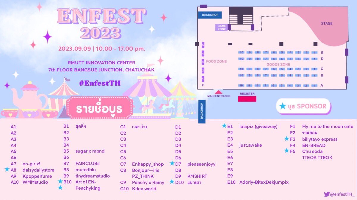 enfestTH_'s tweet photo. ❣️ผังบูธแม่ค้ามาแล้วนะคะ #EnfestTH 

สำหรับใครที่สนใจอยากเปิดบูธยังกรอกฟอร์มได้อยู่น้า🤩✨

❣️https://t.co/Zhn2OfQ74z

#ตลาดนัดเอนไฮเพน #ตลาดนัดเอนจีน #ตลาดนัดENHYPEN #ENHYPEN #HEESEUNG #JAY #NIKI #JUNGWON #SUNGHOON
#SUNOO #JAKE https://t.co/7YKV1MCyvC