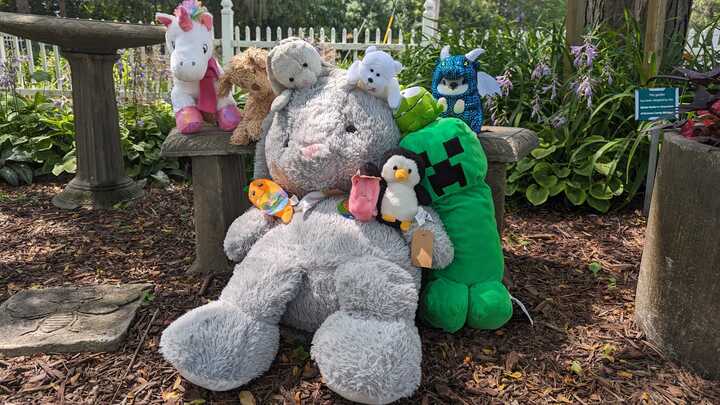 GeneseeLibrary's tweet photo. The Stuffed Animal Crew spent this morning in the William F. Delaney Headquarters garden, and took a nice photo. It's amazing the friends you can make at Sleepaway Camp!

Now we are going to start heading towards Fenton so all of our Stuffed Animal friends can go back home. https://t.co/bQvza2uKfn